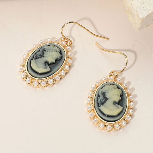 Pearl Rim Vintage Cameo Drop Dangle Earrings
