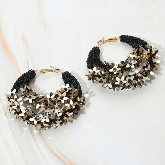 Flower Cluster Accented Seed Beaded Hoop Earrings