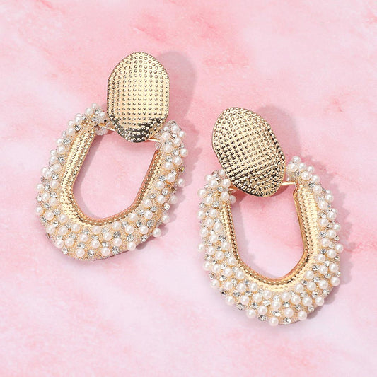 Textured Metal Pearl Embellished Geometric Ring Door Knocker Earrings