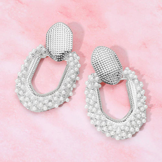 Textured Metal Pearl Embellished Geometric Ring Door Knocker Earrings