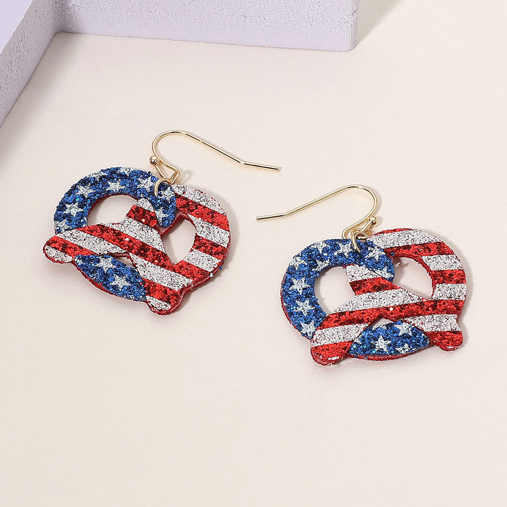 Glittered American USA Flag Pretzel Dangle Earrings