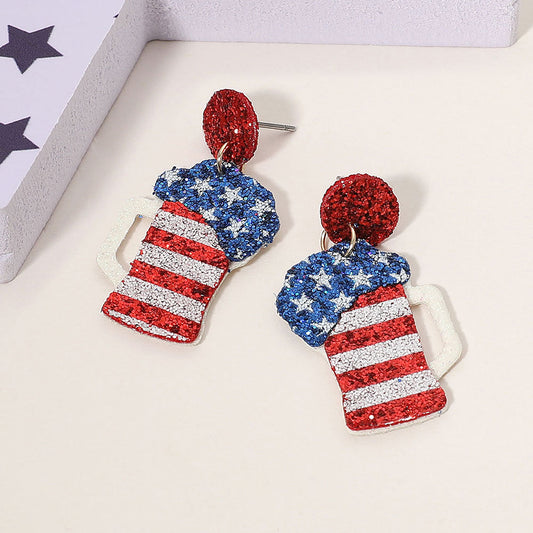 Glittered American USA Flag Beer Glass Dangle Earrings