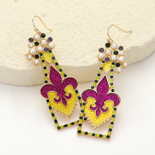 Stone Pearl Paved Sparkly Mardi Gras Fleur de Lis Bottle Dangle Earrings