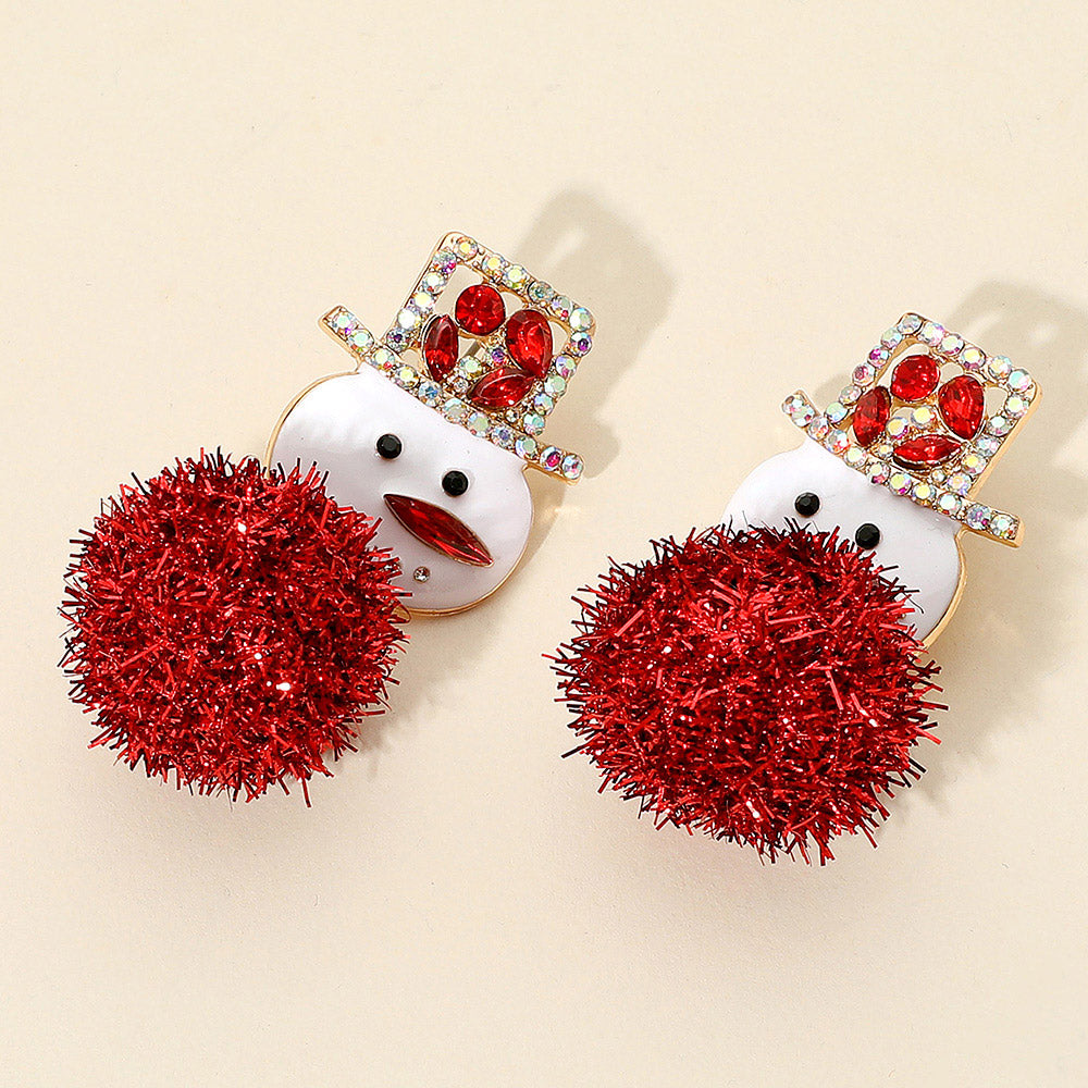 Pom Pom Stone Paved Hat Snowman Earrings