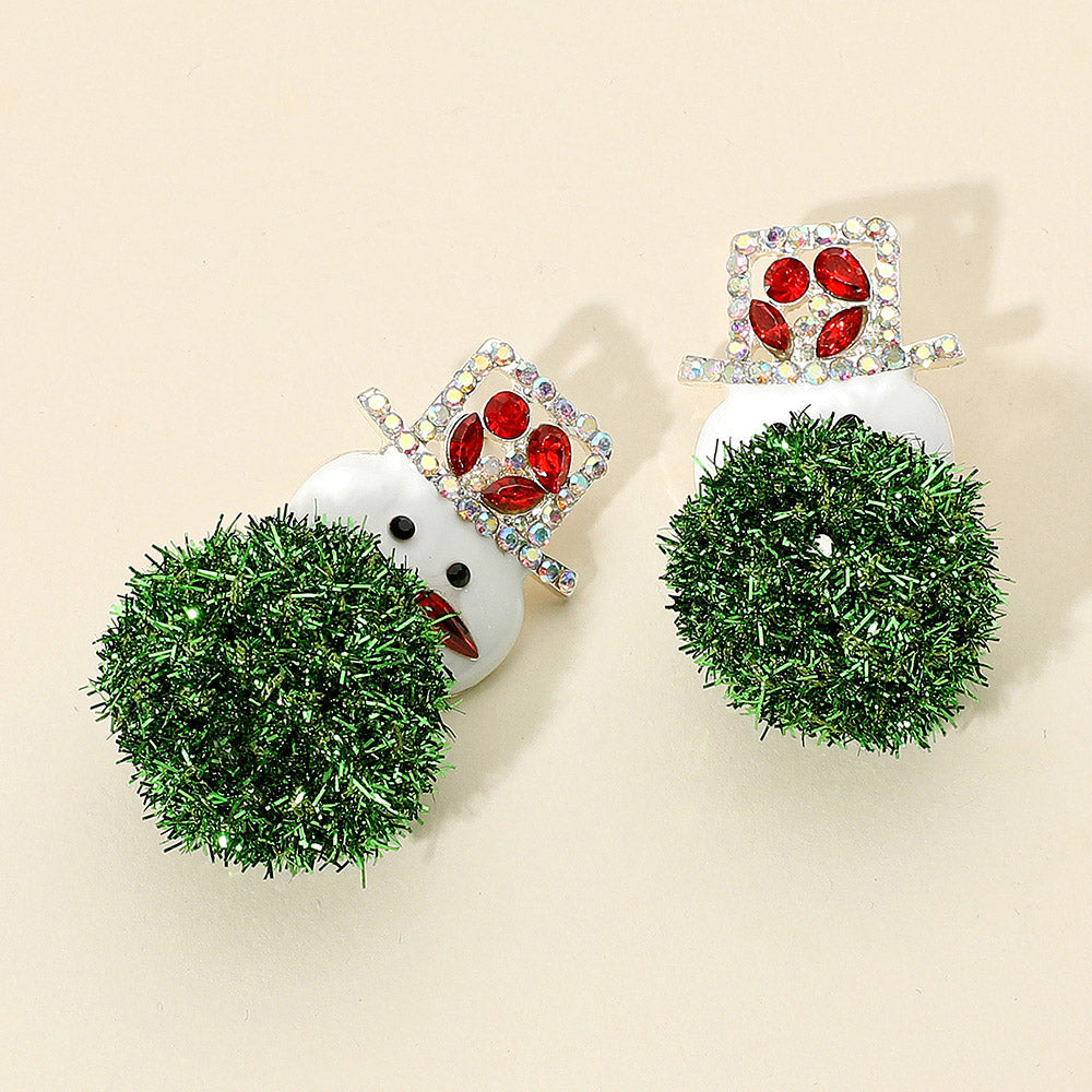 Pom Pom Stone Paved Hat Snowman Earrings