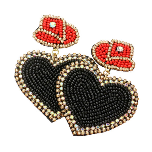 Felt Back Beaded Hat Heart Link Dangle Earrings