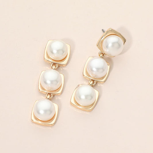 Square Round Pearl Link Drop Earrings