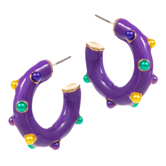 Mardi Gras Pearl Embellished Hoop Earrings