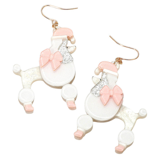 Holiday Bow Santa Hat Poodle Dog Dangle Earrings