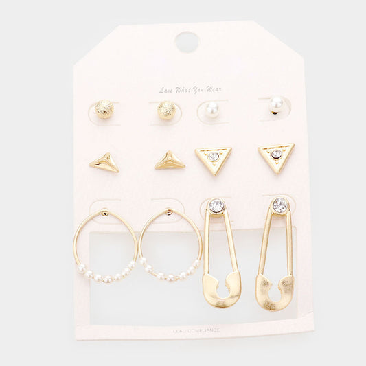 6Pairs - Rhinestone Embellished Geometric Stud Safety Pin Earrings
