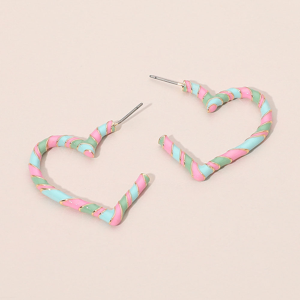 Enamel Twisted Candy Cane Open Heart Hoop Earrings