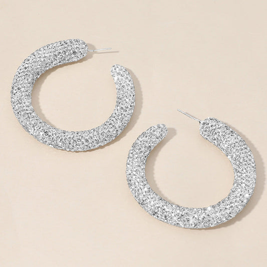 Sterling Silver Post Rhinestone Studded Hoop Earrings