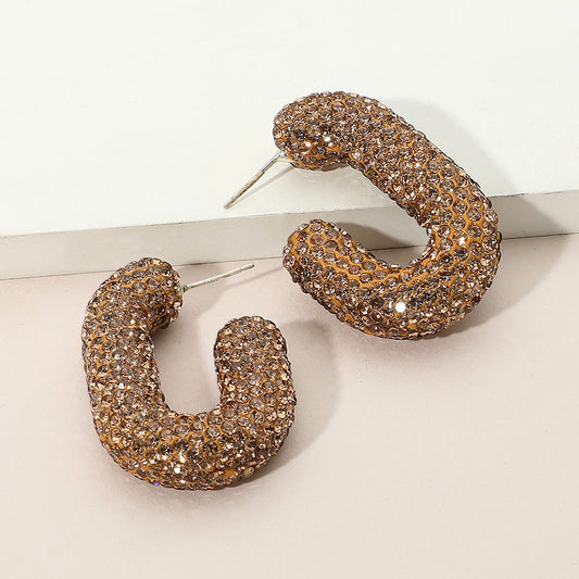 Sterling Silver Post Rhinestone Studded Chunky Oval Hoop Earrings