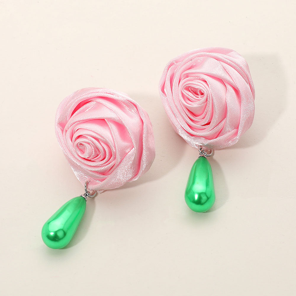 Teardrop Pearl Dangle Satin Rose Earrings
