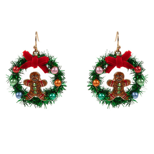 Enamel Gingerbread Christmas Wreath Dangle Earrings