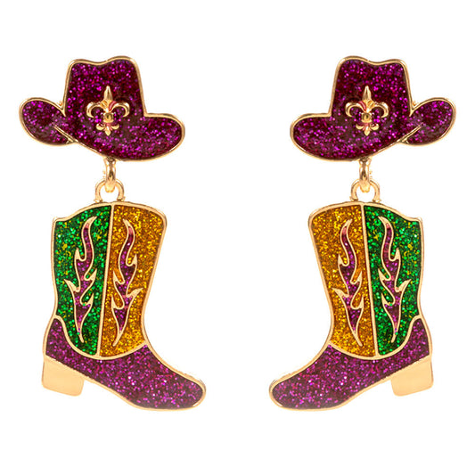 Enamel Glitter Mardi Gras Western Hat Boot Drop Dangle Earrings