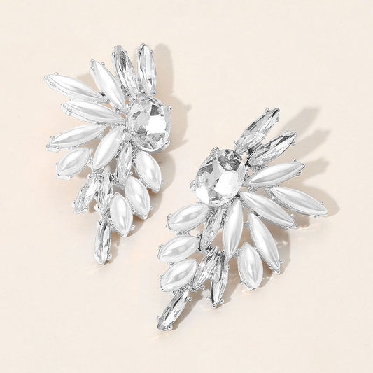 Marquise Pearl Stone Cluster Embellished Wing Fan Earrings