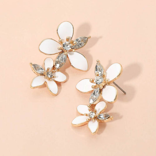Stone Accent Enamel Double Flower Link Drop Earrings