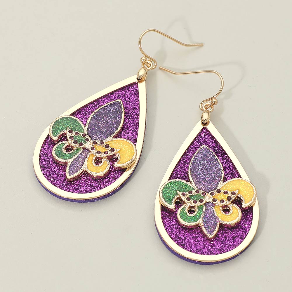 Glitter Mardi Gras Fleur de Lis Teardrop Dangle Earrings