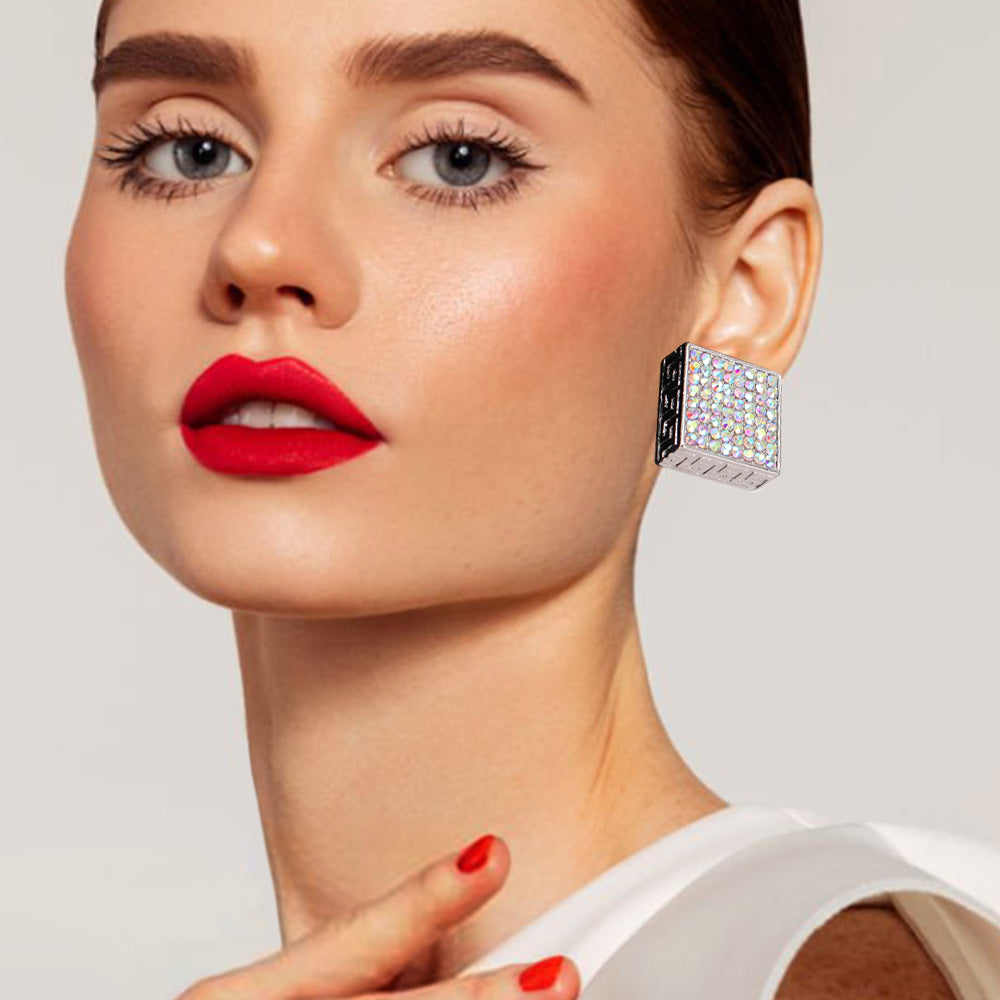 Greek Pattern Detailed Rhinestone Embellished Square Earrings