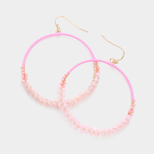 Raffia Faceted Bead Wrapped Open Metal Circle Dangle Earrings