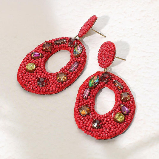 Multi Stone Embellished Seed Beaded Cutout Oval Dangle Earrings