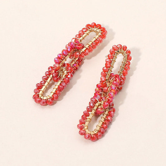 Faceted Bead Wrapped Triple Open Metal Oval Link Dangle Earrings