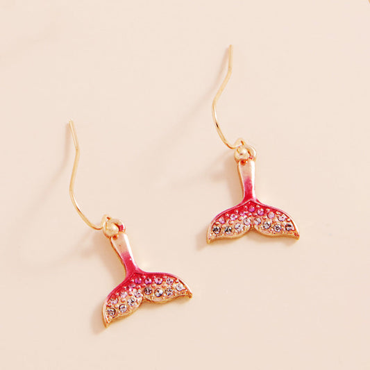 Stone Paved Colored Metal Whale Tale Dangle Earrings