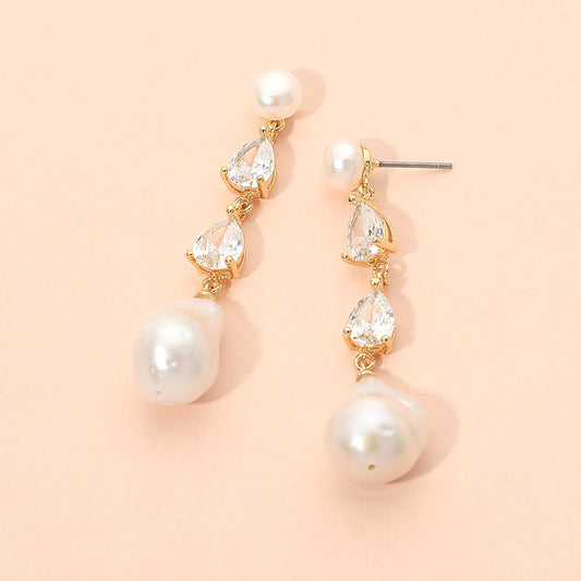 18K Gold Dipped Pearl Cut Stone Cluster Baroque Freshwater Pearl Drop Earrings