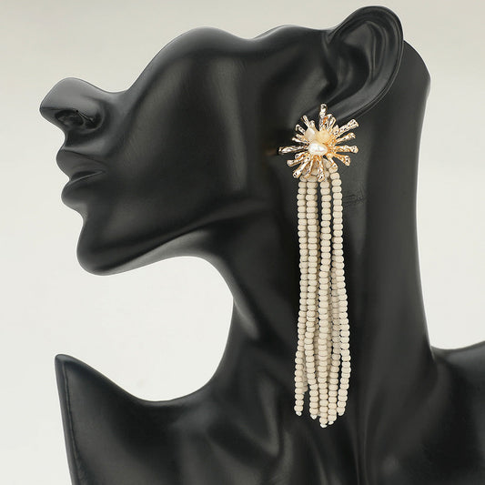 Starburst Wooden Beaded Tassel Drop Earrings