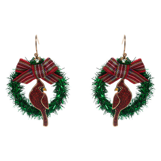 Holiday Bow Accent Cardinal Wreath Dangle Earrings
