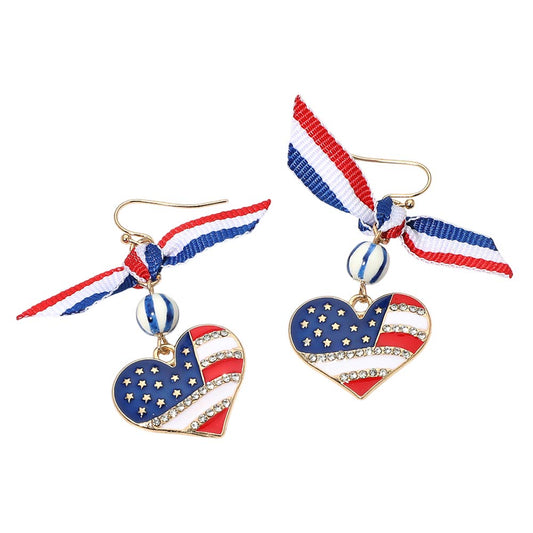 American USA Bow Heart Flag Link Drop Earrings
