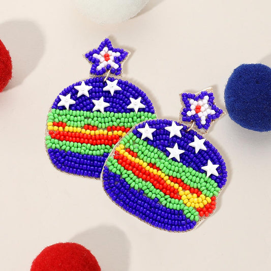 Felt Back American USA Flag Seed Beaded Star Hamburger Link Dangle Earrings