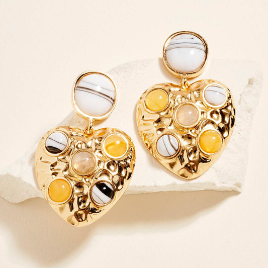 Round Stone Embellished Textured Metal Heart Dangle Earrings