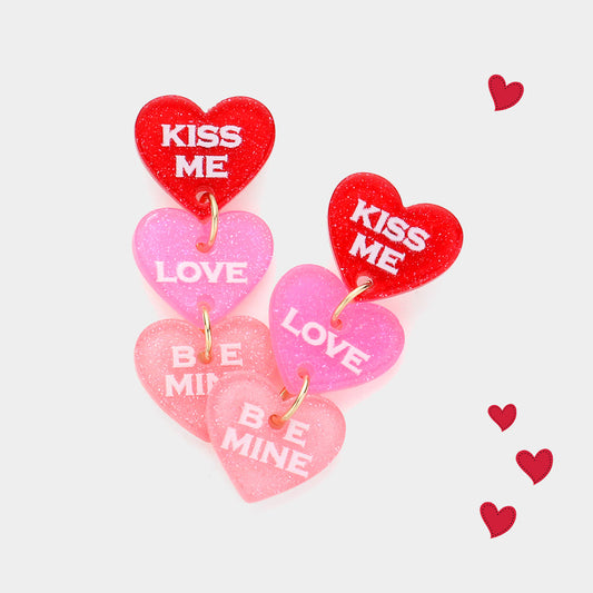 KISS ME LOVE BE MINE Message Resin Heart Dropdown Earrings