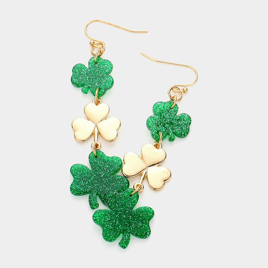 St Patricks Day Acetate Shamrock Clover Link Dropdown Earrings
