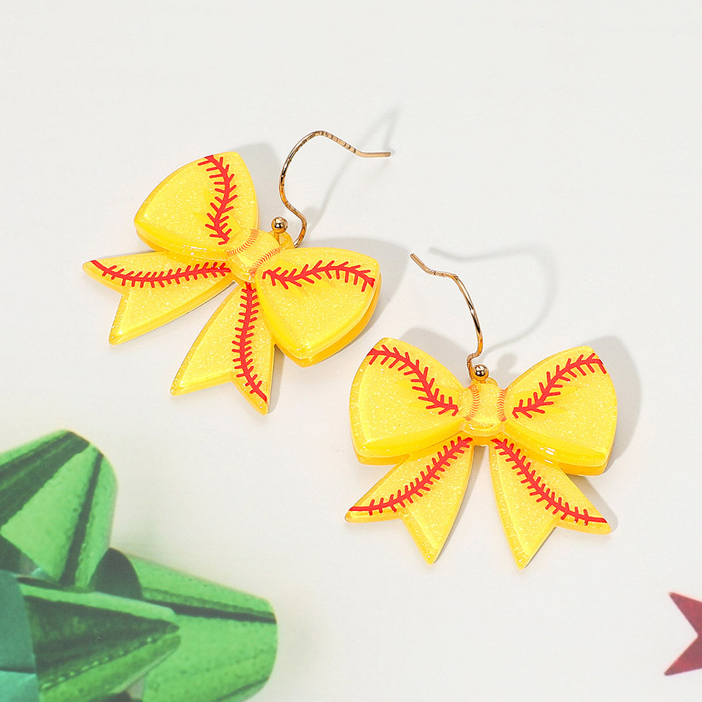 Resin Softball Bow Dangle Earrings