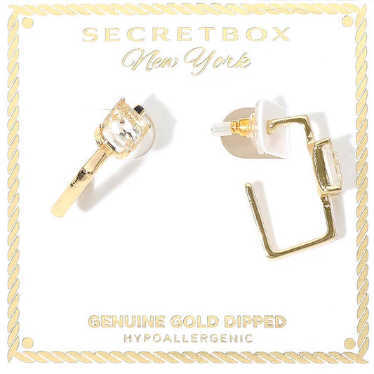 SECRET BOX_Genuine Gold Dipped Emerald Cut Stone Cluster Accent Square Hoop Earrings