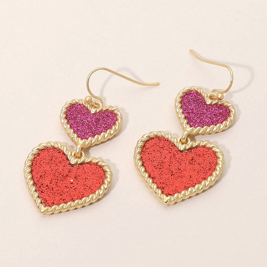 Glitter Double Heart Link Drop Dangle Earrings