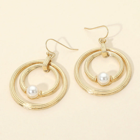 Pearl Accent Textured Chunky Layered Double Hoop Drop Dangle Earrings