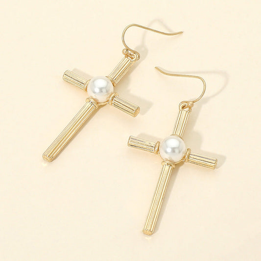 Pearl Accent Chunky Textured Cross Drop Dangle Earrings