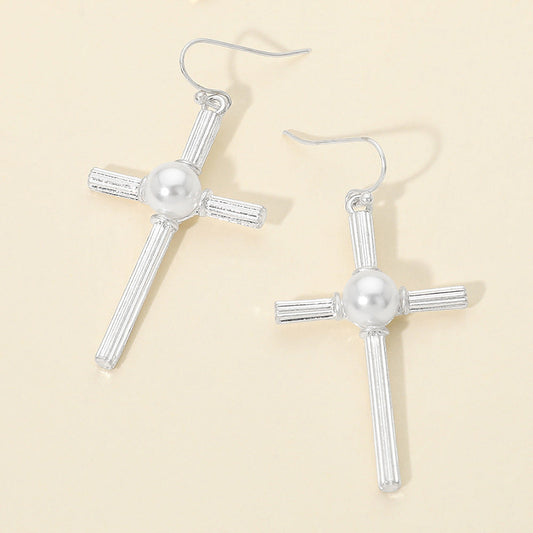 Pearl Accent Chunky Textured Cross Drop Dangle Earrings