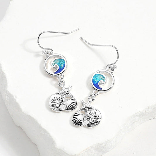 Enamel Wave Antique Metal Seashell Starfish Sand Dollar Link Dangle Earrings