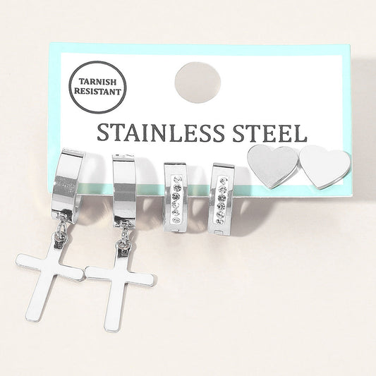 3Pairs - Stainless Steel Cross Drop Dangle Rhinestone Line Huggie Mini Hoop Heart Stud Earring Set