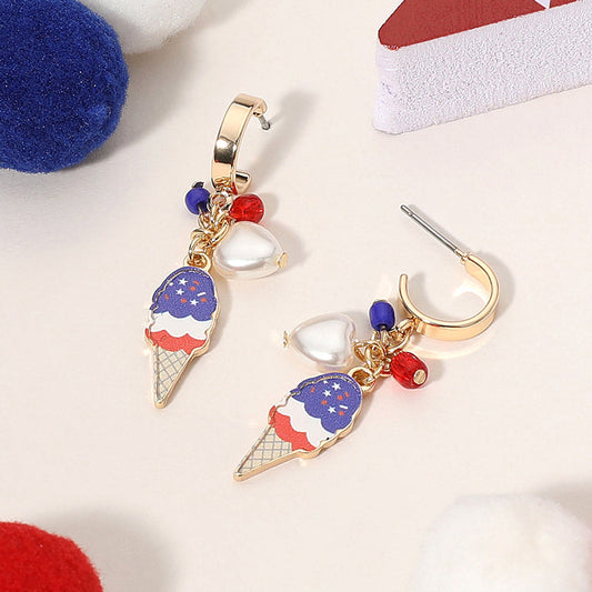 Enamel American USA Flag Ice Cream Cone Pearl Heart Beads Charm Dangle Earrings