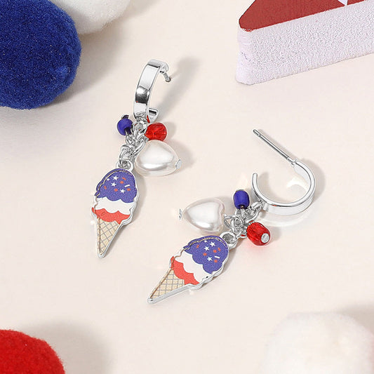 Enamel American USA Flag Ice Cream Cone Pearl Heart Beads Charm Dangle Earrings