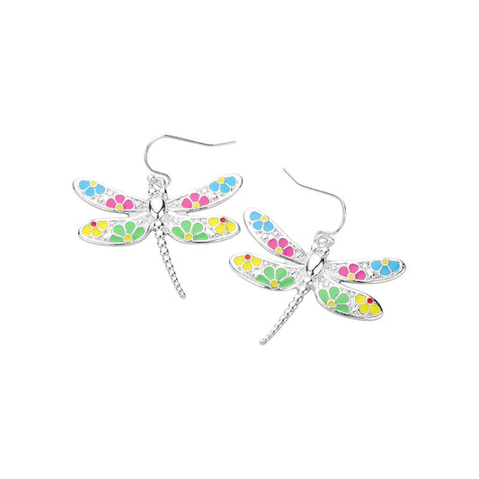 Flower Patterned Dragonfly Dangle Earrings