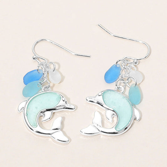 Sea Glass Dolphin Drop Dangle Earrings
