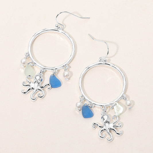 Octopus Sea Glass Charm Drop Open Ring Dangle Earrings