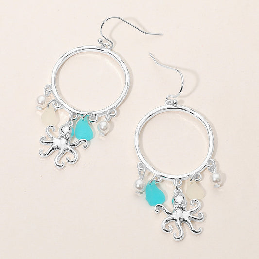 Octopus Sea Glass Charm Drop Open Ring Dangle Earrings